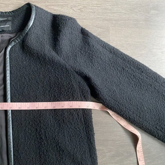 Club Monaco Black Italian Wool Bracelet-Sleeve Coat with Lamb Leather Trim - Picture 7 of 13